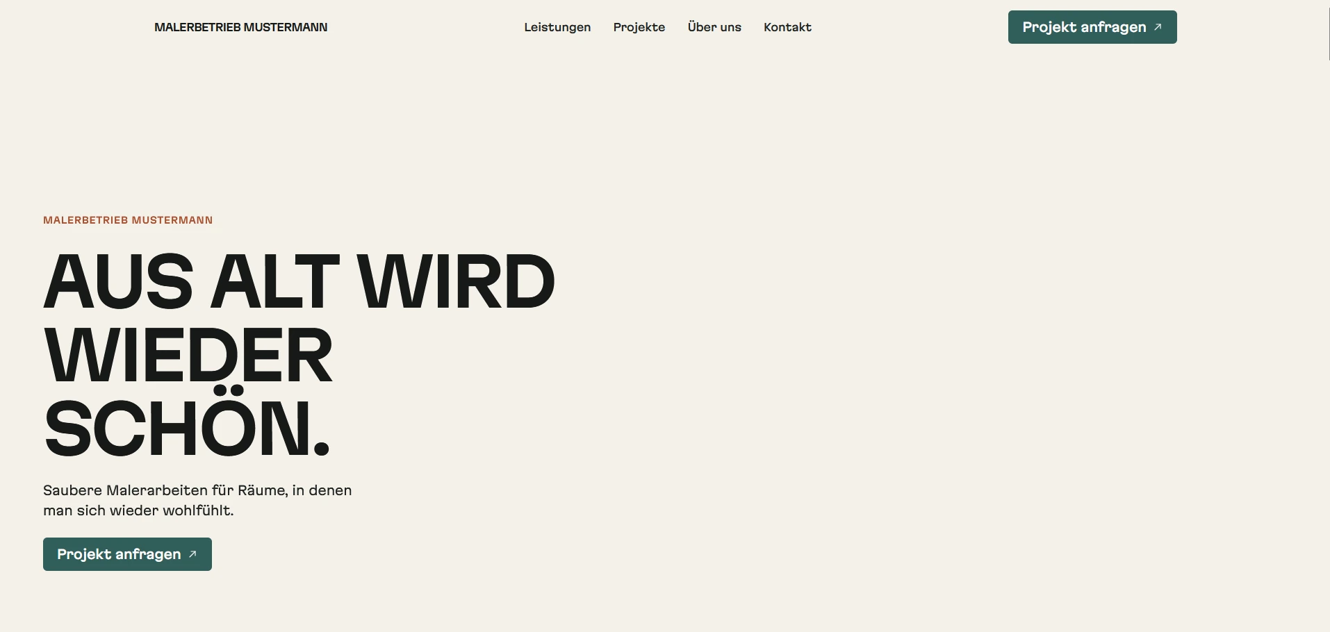 Homepage-Hero der Maler-Website-Demo: frisch in Kreideweiß gestrichene Wand mit der Headline „Aus alt wird wieder schön", darunter Untertitel und grüner „Projekt anfragen"-Button.